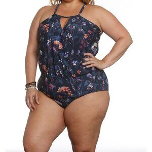 NWT Sun & Sea Women's Floral Curvy Blouson Cross Over One Piece Size 22
